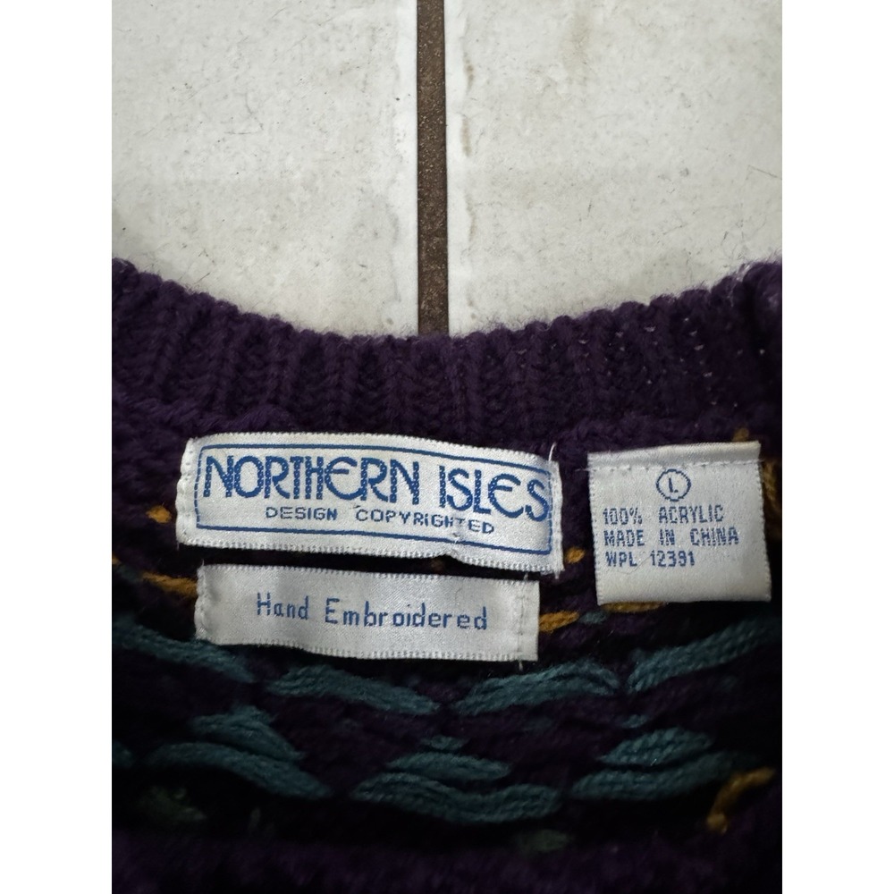 Vintage 90s Northern Isles Womens L Purple Scottie Dog Apple Fair Isle Sweater - Picture 13 of 16